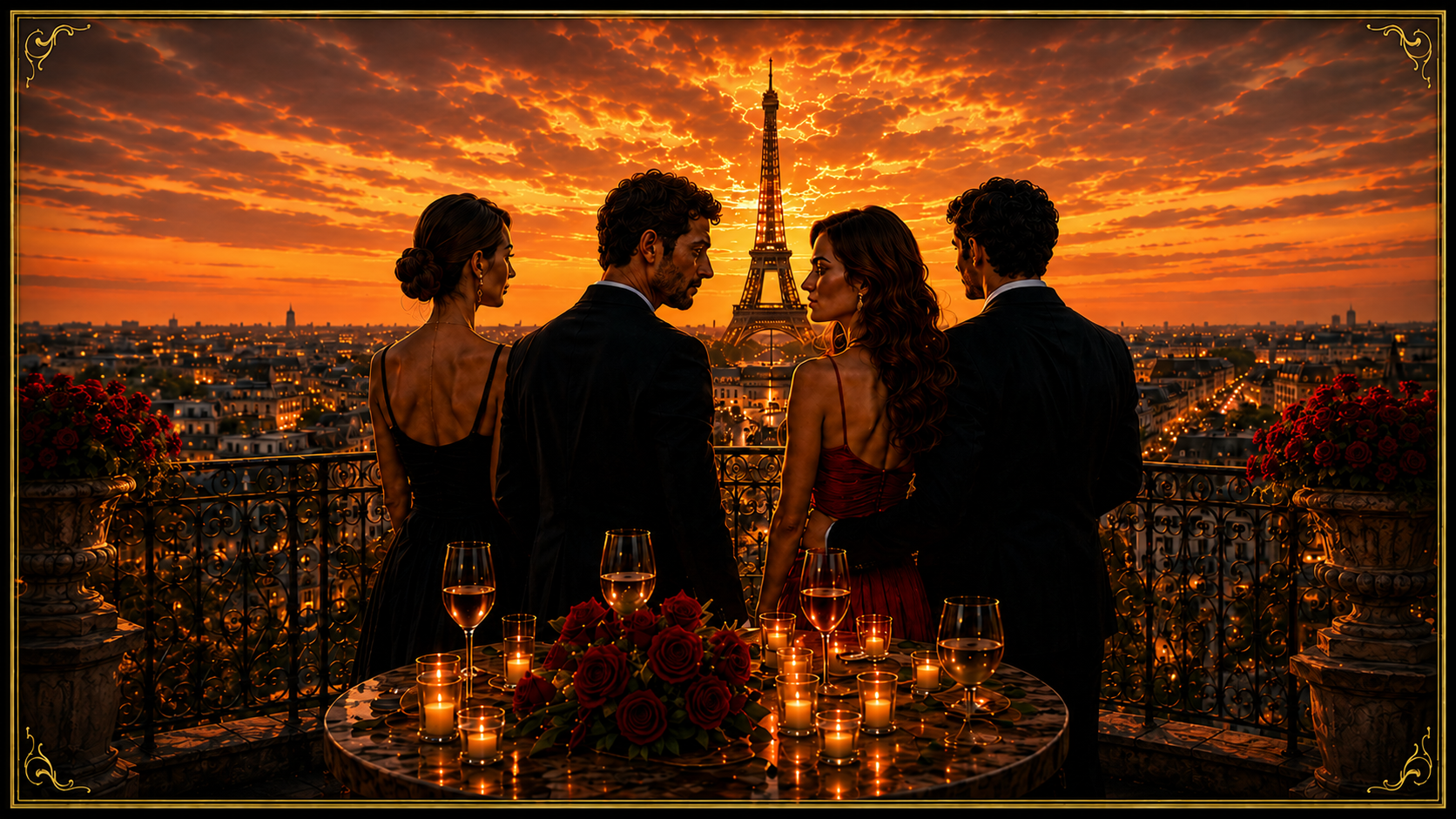 Two couples on a Paris terrace at sunset, with an undeniable connection between the central man and woman